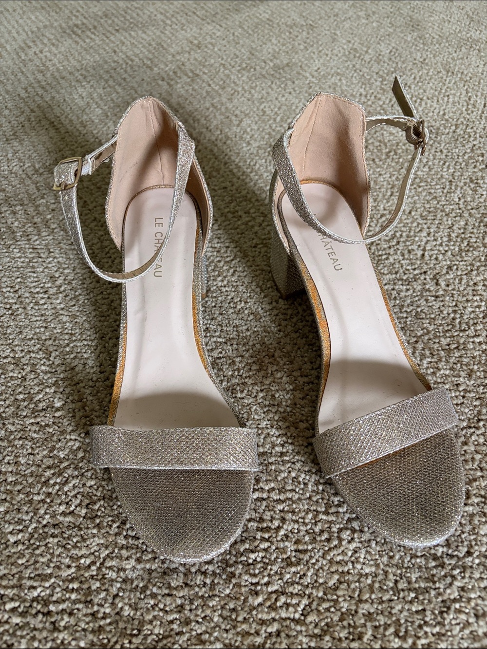 le chateau Glitter Ankle-Strap Block Heels in Champagne Gold
